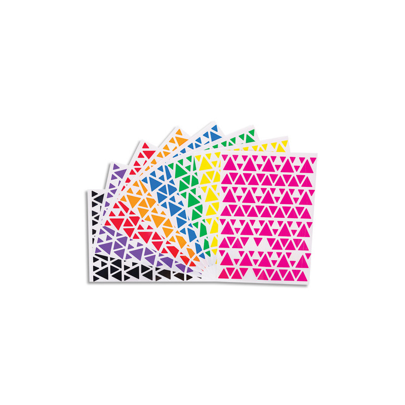 CLEOPATRE Sachet de 18 planches de gommettes triangles 3 tailles. 6 couleurs 3 planches par couleur.