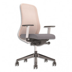 Fauteuil Souly synchrone ergonomique & design, structure gris claire, assise grise & dossier résille rose