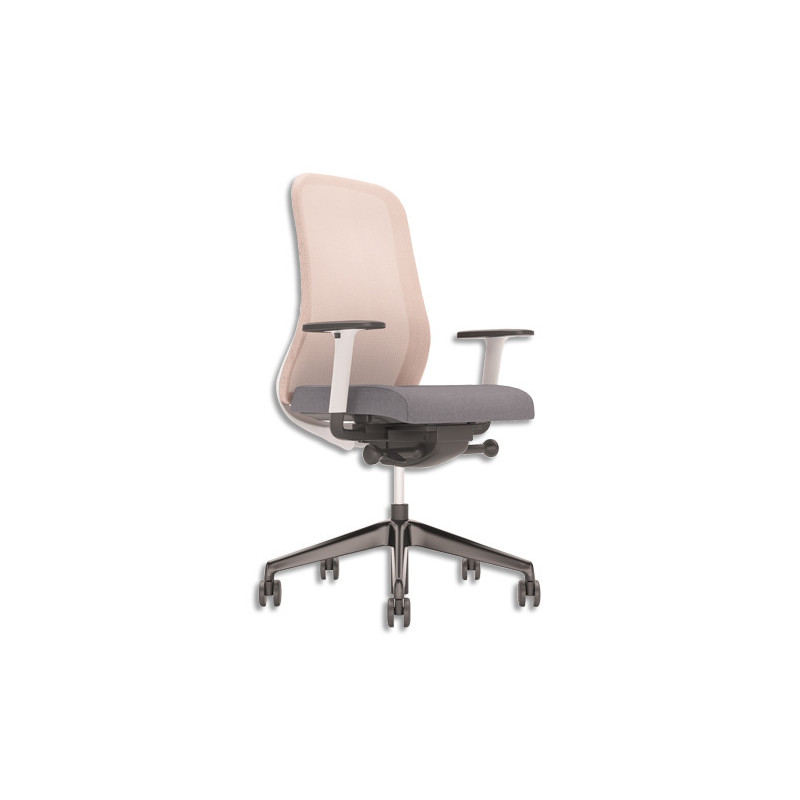 Fauteuil Souly synchrone ergonomique & design, structure gris claire, assise grise & dossier résille rose