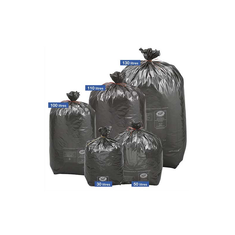 Boîte de 200 sacs poubelles traditionnels 130 litres renforcés Noir 82x120cm 34 microns NFE