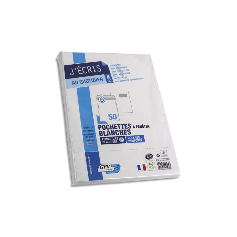 GPV Paquet de 50 pochettes vélin Blanc auto-adhésives 90g format C4 229 x 324 mm fenêtre 50 x 100 mm
