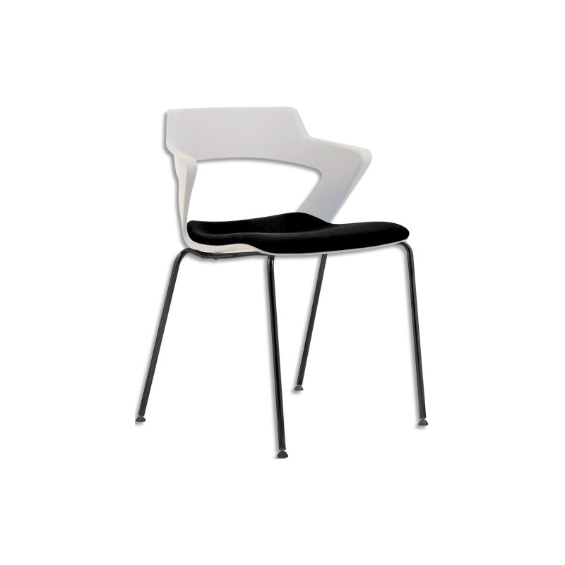 Lot de 3 chaises Ysa polyvalentes coque en polypropylène blanc, assises en tissu noir, 4 pieds métal noir