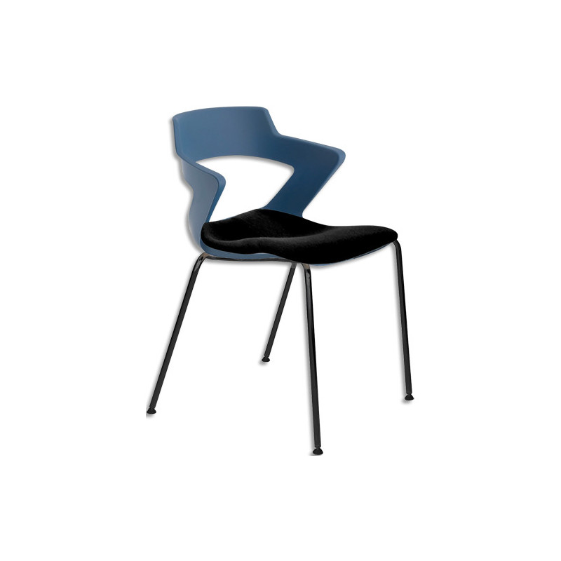 Lot de 3 chaises Ysa polyvalentes coque en polypropylène bleu, assises en tissu noir, 4 pieds métal noir