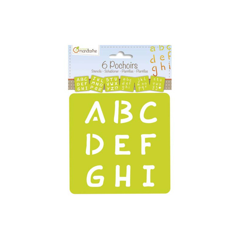 AVENUE MANDARINE Sachet de 6 pochoirs thème Alphabet majuscule, translucides, Dim. Lettres H3,5 x L2,5 cm