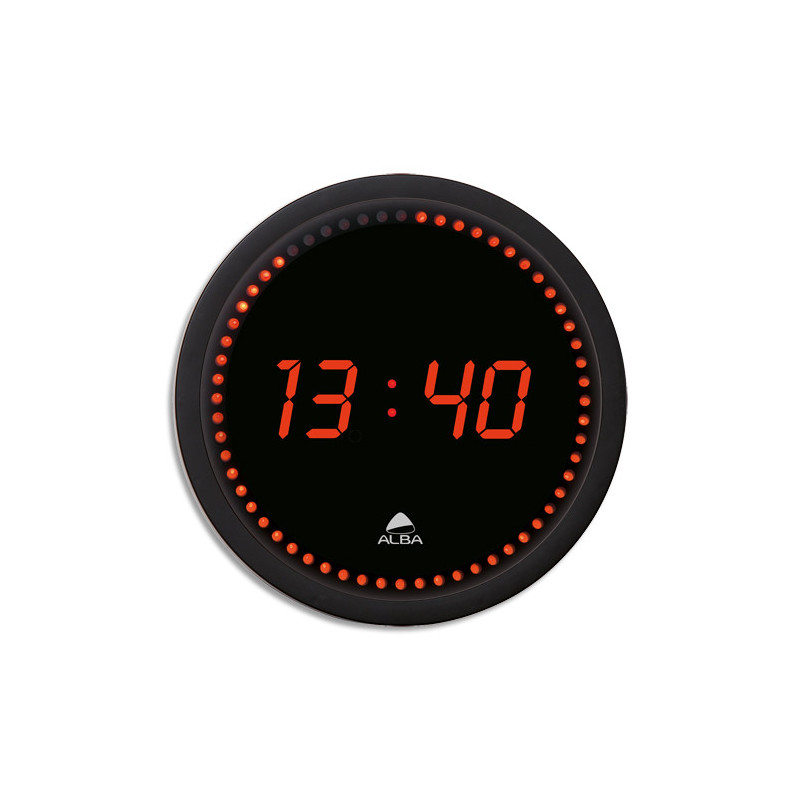 ALBA Horloge à LED cadre plastique Noir lentille en verre D30cm affichage numérique Rouge à quartz