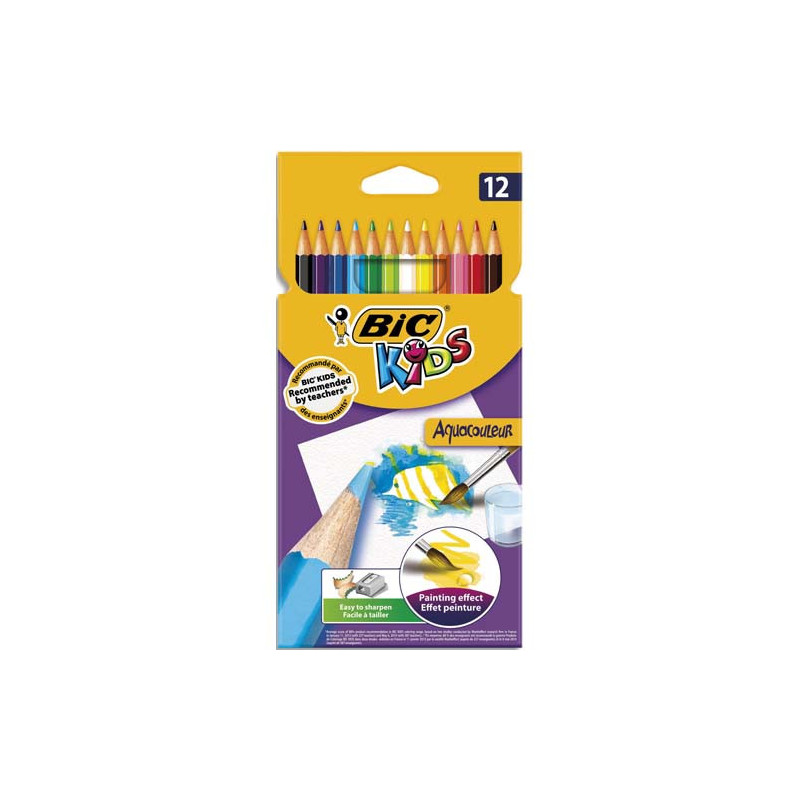 BIC Kids Aquacouleur Crayons de Couleur Aquarellables (Effet Peinture) - Couleurs Assorties, Etui x12