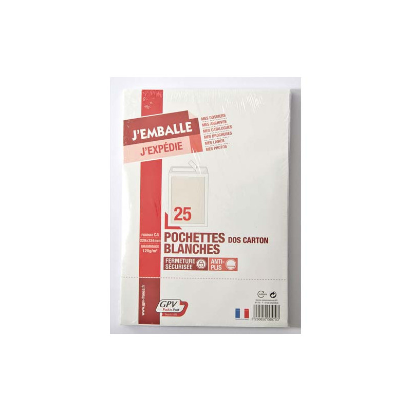GPV Paquet de 25 pochettes vélin Blanc dos carton format C4 120g auto-adhésives 570