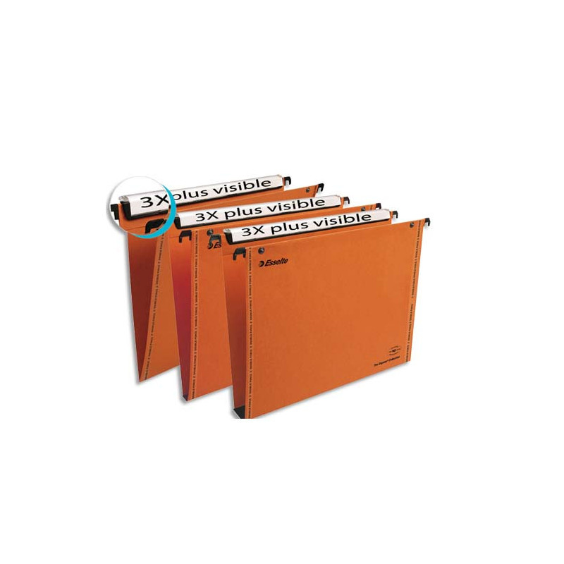 ESSELTE Boîte de 25 dossiers suspendus VMG TIROIR en kraft 240g. Fond 30, bouton-pression. Orange