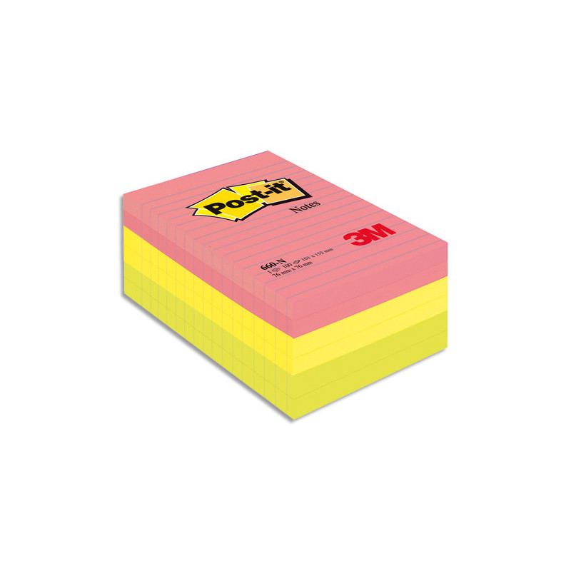 POST-IT Lot de 6 blocs repositionnables de 100 feuilles 102 x 152 mm néon assortis