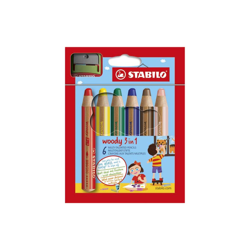 STABILO woody 3in1 crayon de couleur - Etui carton de 6 crayons multi-surfaces - Coloris assortis