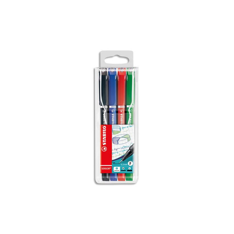 STABILO SENSOR F stylo-feutre pointe extra-fine - Pochette de 4 stylo-feutres - Noir/Bleu/Rouge/Vert