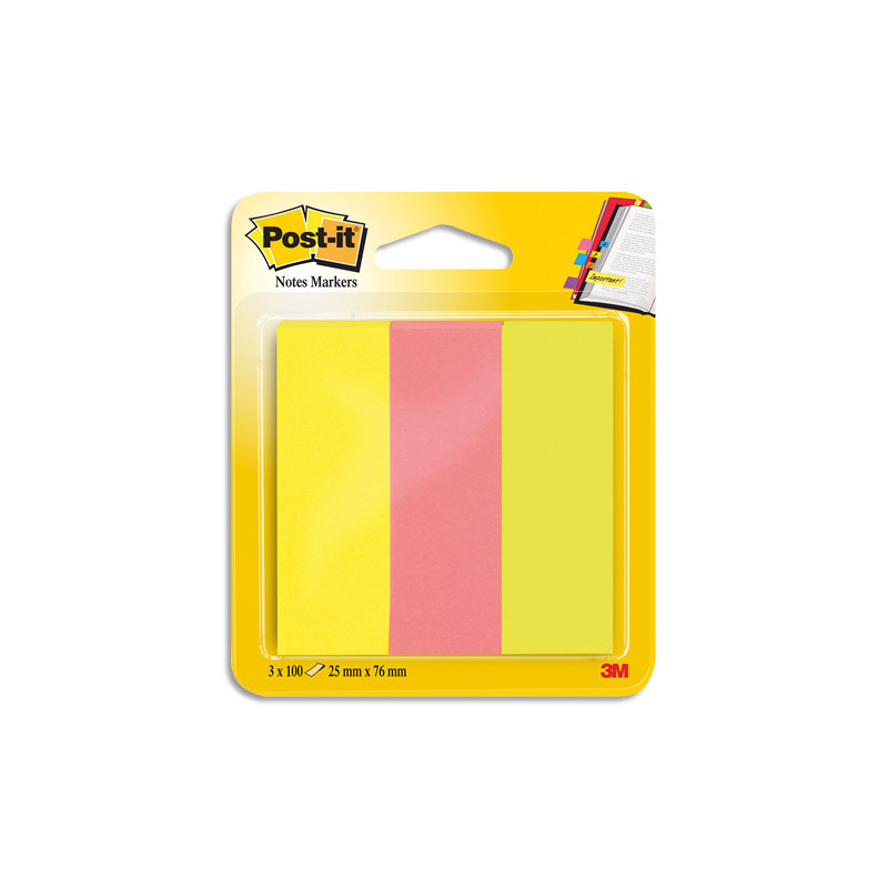 POST-IT 3 blocs de 100 marque-pages standards format 25x76mm coloris assortis