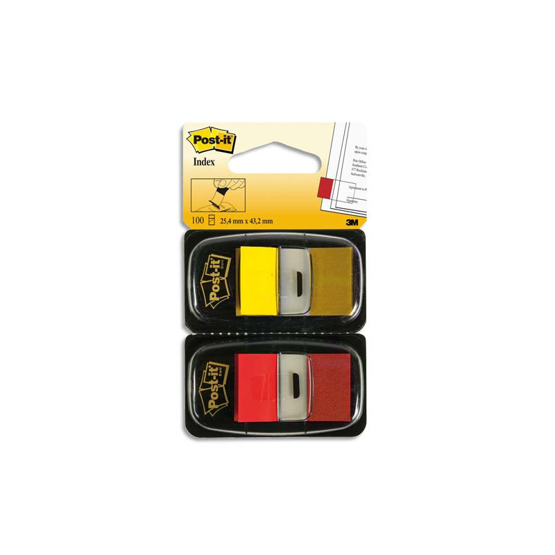 POST-IT Blister de 2 x 50 marque-pages standards 25x44mm, coloris Rouge et Jaune