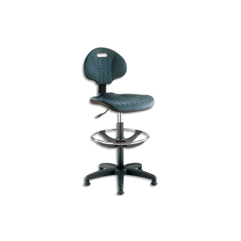 Siège technique télécospique en PU Noir grande hauteur sur patins avec repose-pieds, réglable en hauteur