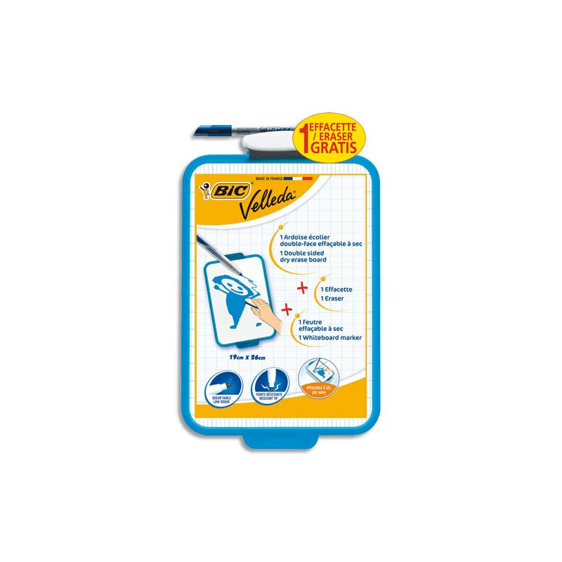 BIC Velleda Ardoise Ecolier Double Face Effaçable + Feutre Bleu Effaçable + Effacette - Turquoise x1