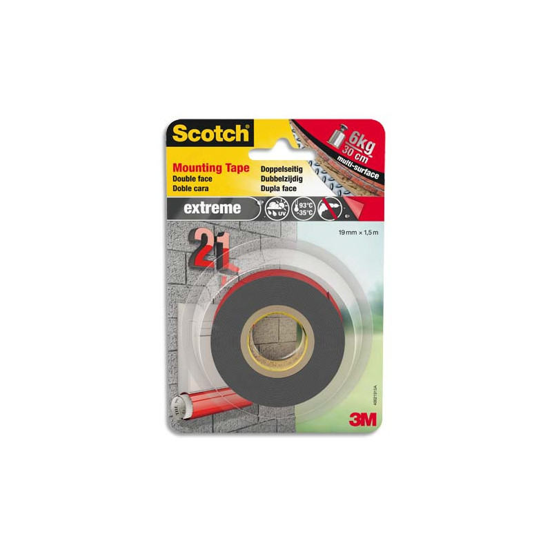 SCOTCH Ruban de fixation Extra fort 19mm x 1,5m pour usages intérieur et extérieur