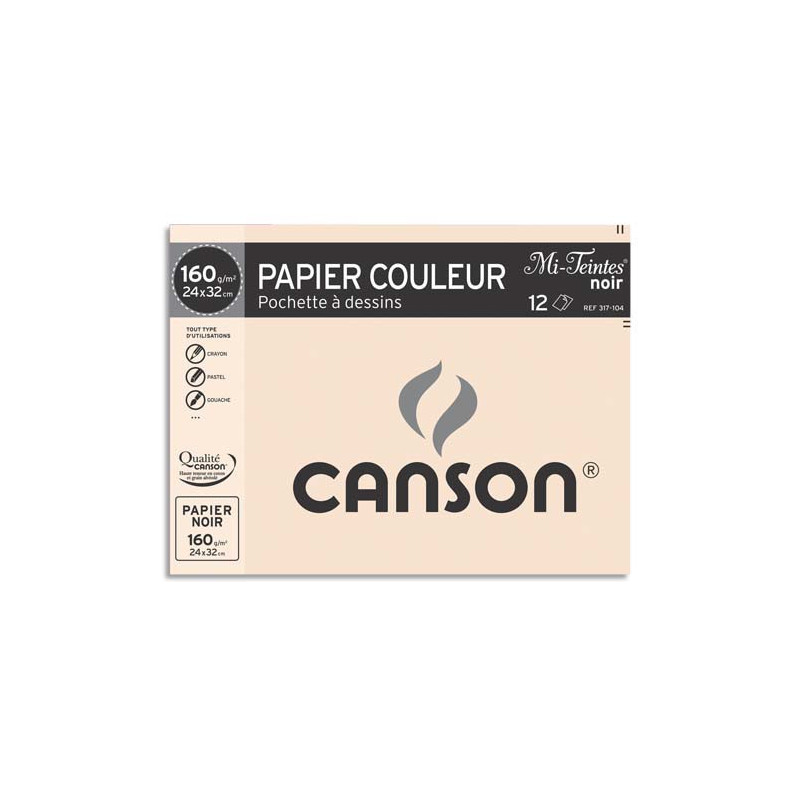 CANSON Pochette de 12 feuilles papier dessin MI-TEINTES 160g 24x32cm Noir Ref-317104
