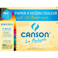 CANSON Pochette de 12 feuilles papier dessin MI-TEINTES 160g 24x32cm assortis vifs Ref-317103