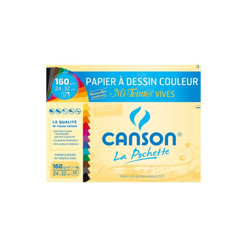 CANSON Pochette de 12 feuilles papier dessin MI-TEINTES 160g 24x32cm assortis vifs Ref-317103