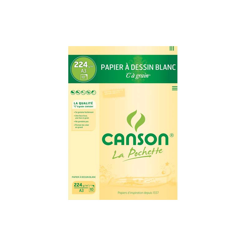 CANSON Pochette de 10 feuilles de papier dessin C A GRAIN 224g A3 Ref-27115