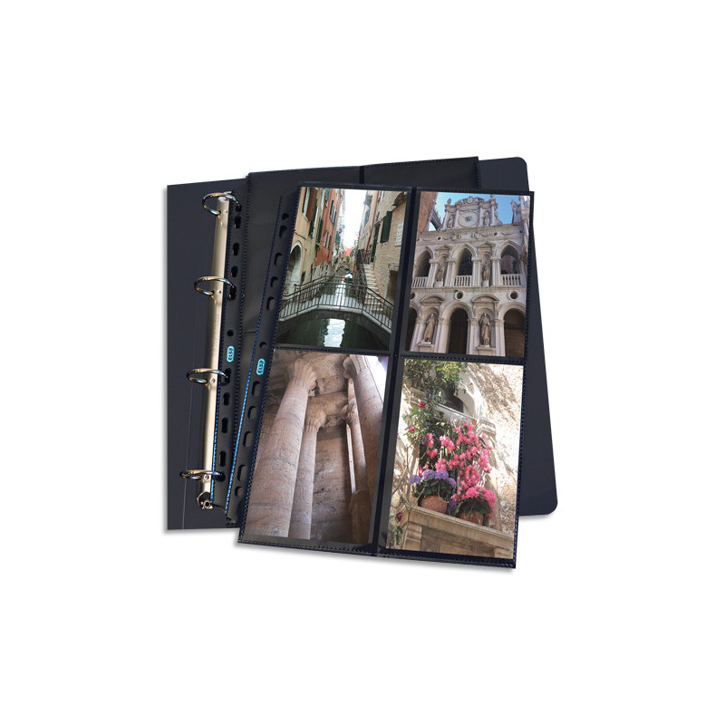 OXFORD Sachet de 10 pochettes perforées en polypro 9/100e. Format A4. 4+4 photos 10x15cm. Noir