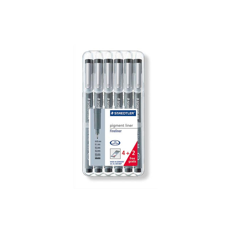 STAEDTLER Etui chevalet 6 feutres Noirs pointe calibrée 0,05/0,1/0,2/0,3/0,5/0,8 - 4+2 gratuits