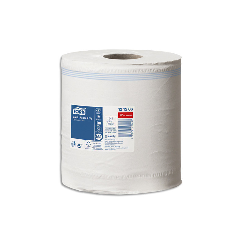TORK Lot de 6 Bobines papier d'essuyage Basic à dévidage central M2 160m Format prédécoupé 20x35 cm Blanc