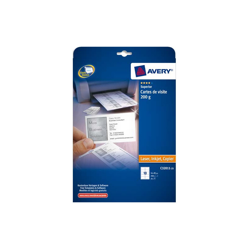 AVERY Pochette de 250 cartes de visite (85x54 mm) 200g coins droits Laser & Jet d'encre finition mate