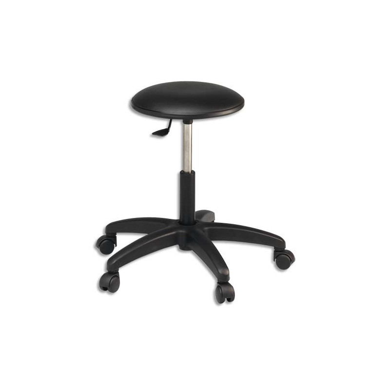 Tabouret bas standard vinyle Noir sur roulettes, réglable en hauteur