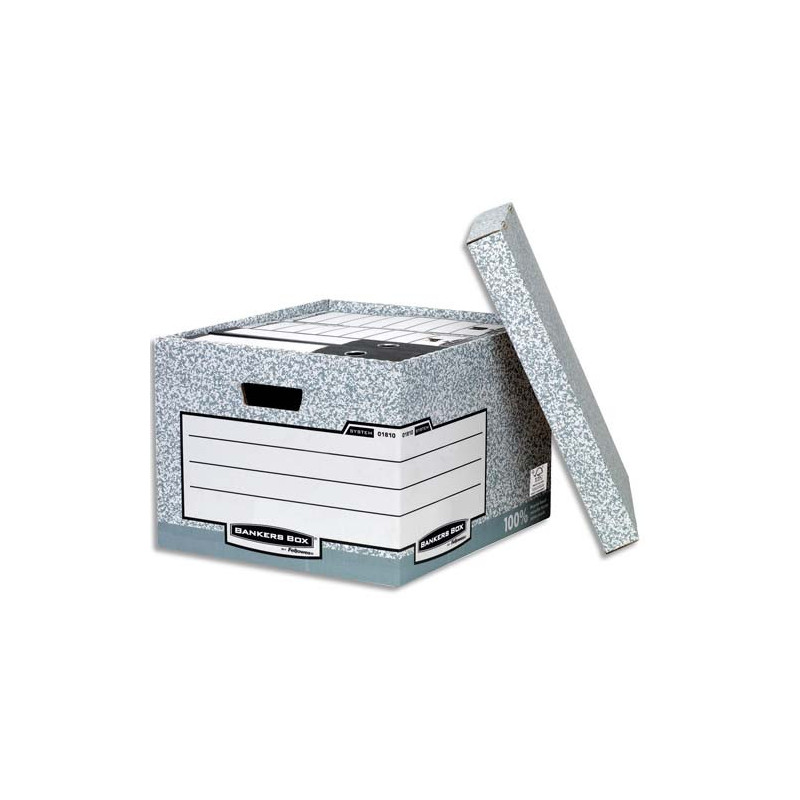 BANKERS BOX Caisse standard L40,4xh29,2xp33,5cm, montage automatique, carton recyclé Gris/Blanc