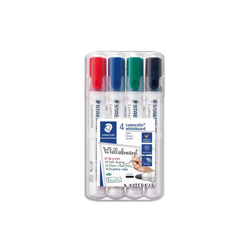 STAEDTLER Pochette de 4 marqueurs effaçables à sec pointe ogive encre alcool 4 couleurs assorties 351
