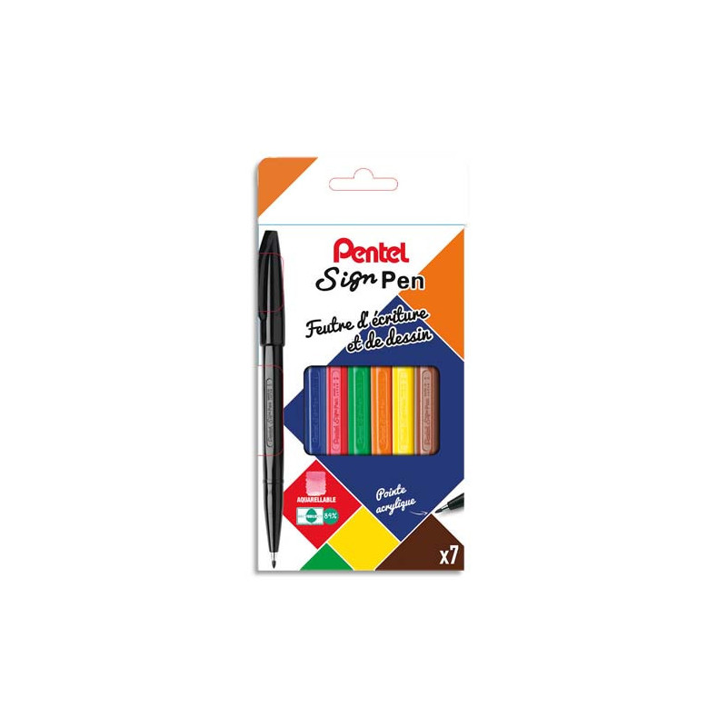 PENTEL Pochette de 7 stylos feutre pointe acrylique 7 couleurs d'encre SIGN PEN S520