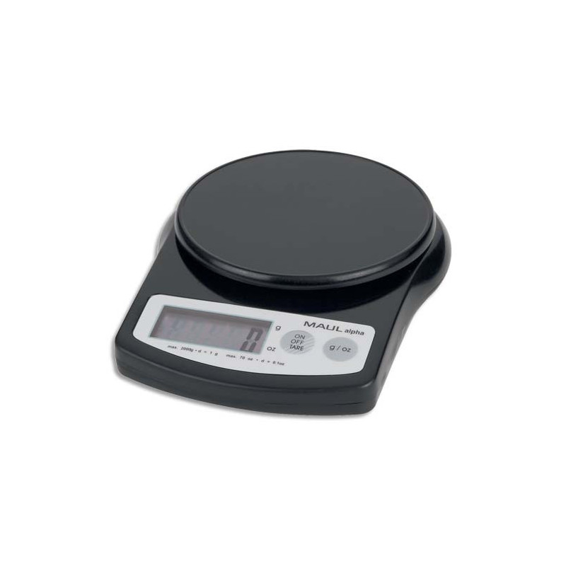 MAUL Pèse-lettre MAULalpha à pile plastique portée 2 kg - Plateau D12 cm, L13,7 x H3,6 x P18,8 cm Noir