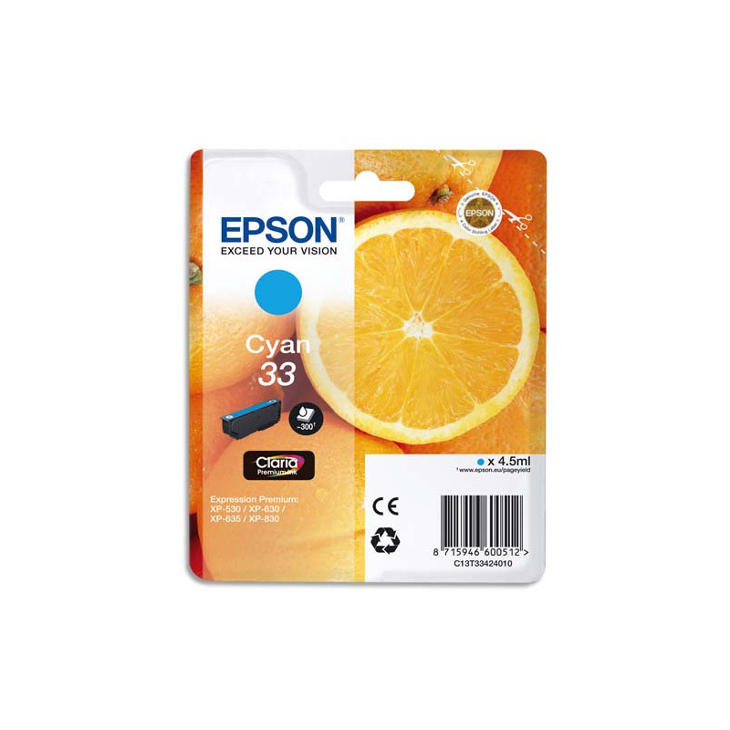 EPSON Cartouche Jet d'Encre Claria Premium Cyan ''Oranges'' 33 - C13T33424012