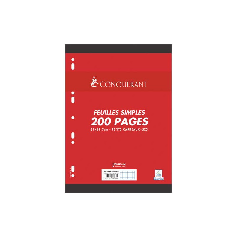 CONQUERANT C7 Feuillets mobiles 21x29,7cm 200 pages petits carreaux Blancs 90g. Sous sachet