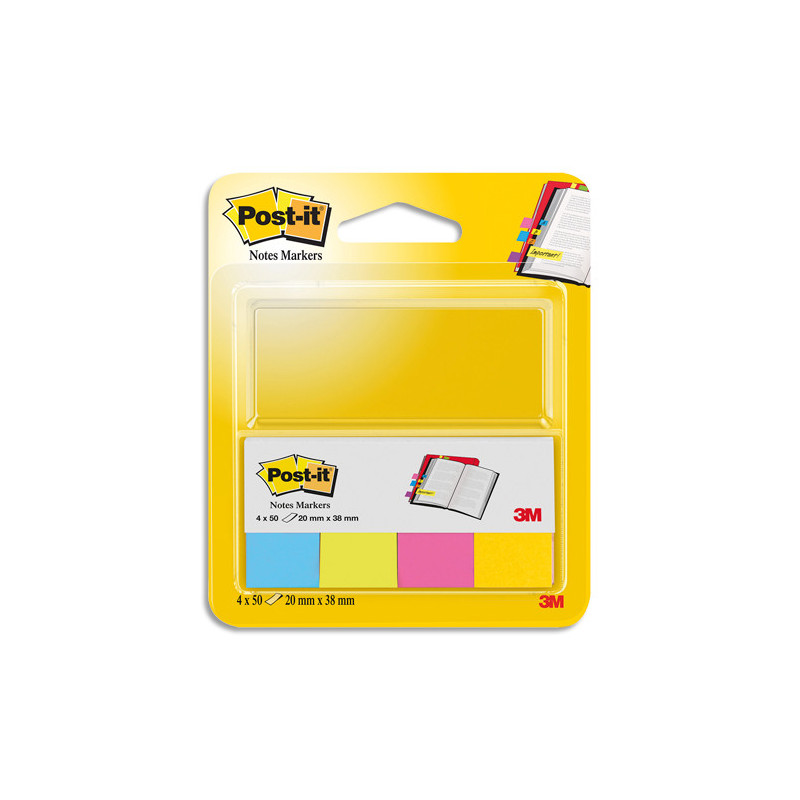 POST-IT 4 blos de 50 marque-pages format 20x38mm coloris assortis