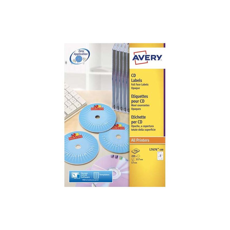 AVERY Boîte de 200 étiquettes Laser monochrome pour CD et DVD L7676-100