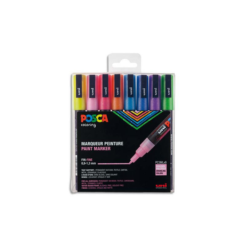 UNI POSCA Coffret de 8 marqueurs peinture pailletés, pointe fine, couleurs assorties