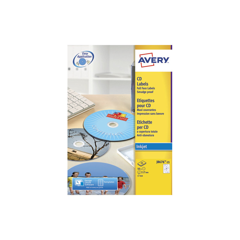 AVERY Boîte de 50 étiquettes jet d'encre monochrome pour CD et DVD J8676-25