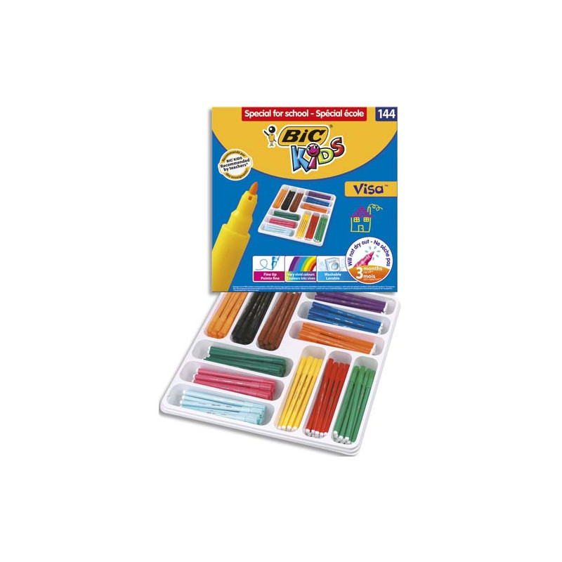 BIC Kids Visa Feutres de Coloriage à Pointe Fine - Couleurs Assorties, Classpack de 144