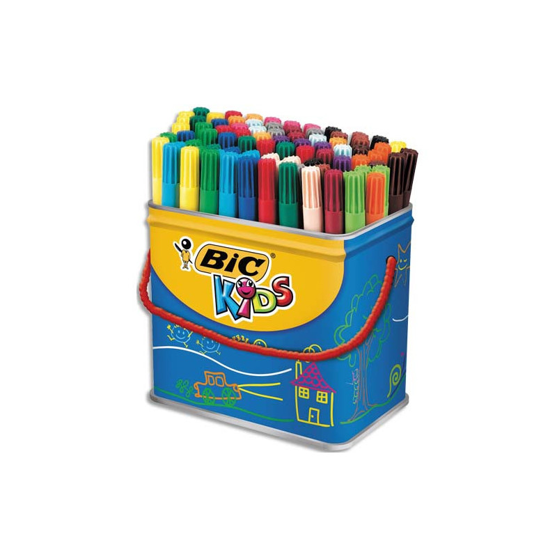 BIC Kids Visa Feutres de Coloriage à Pointe Fine - Couleurs Assorties, Pot de 84