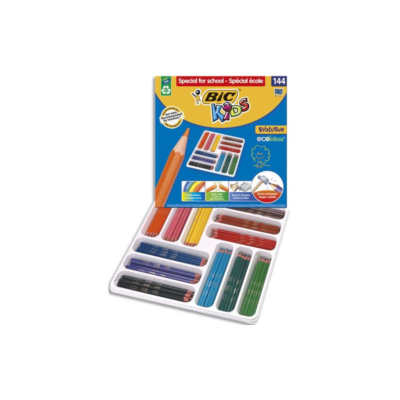 BIC Kids Evolution ECOlutions Crayons de Couleur - Coloris Assortis, Classpack de 144