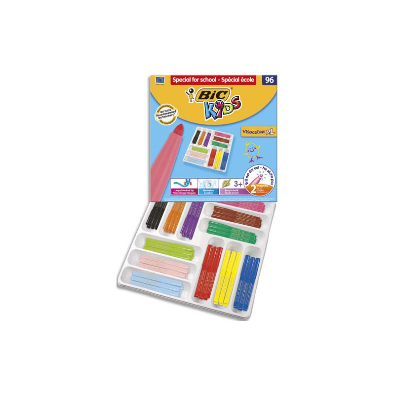 BIC Kids Visacolor XL Feutres de Coloriage à Pointe Large - Couleurs Assorties, Classpack de 96