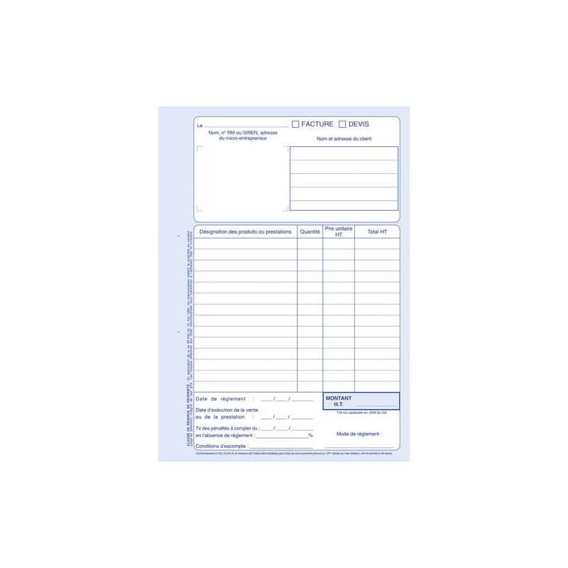 ELVE Manifold auto entrepreneur autocopiant factures format 210x297mm. 40 feuillets dupli