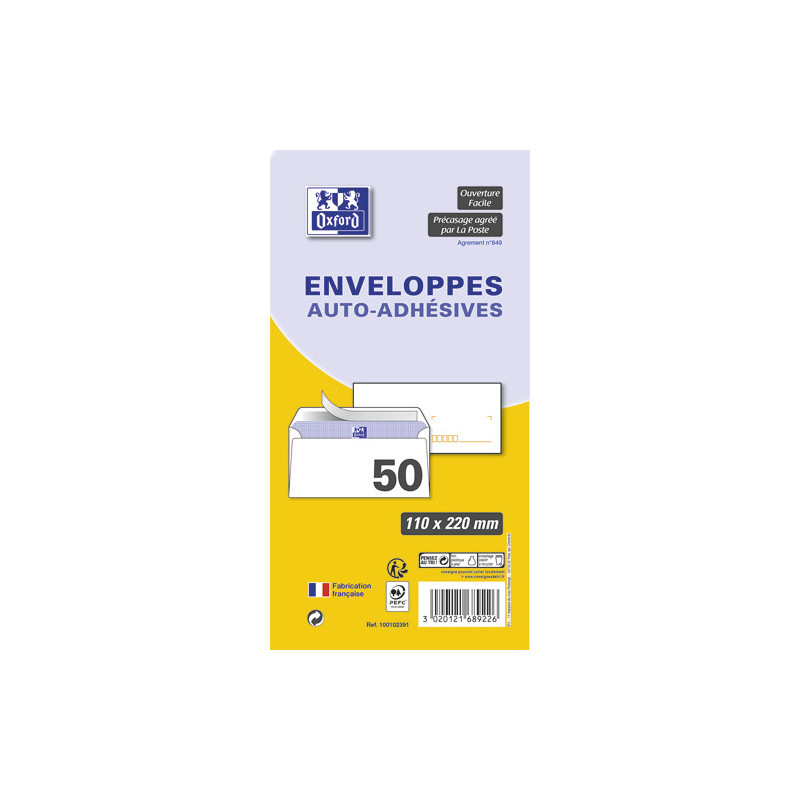 OXFORD Paquet de 50 enveloppes Blanches pré-casées auto-adhésives 80g format 110x220mm DL