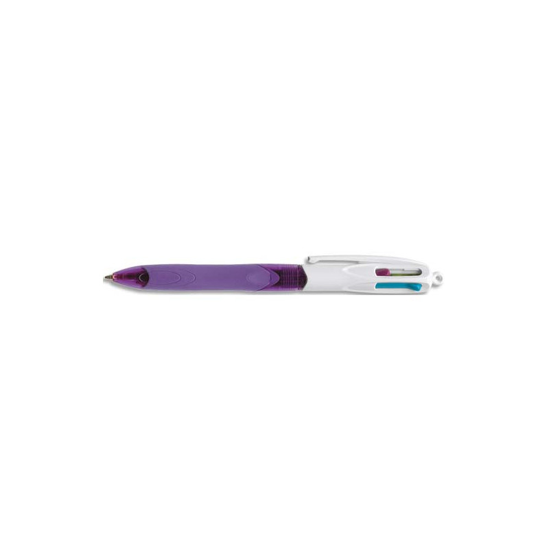 BIC Stylo bille 4 couleurs rétractables avec grip Fashion. Pointe Moyenne. Corps Mauve. Encres Fantaisie