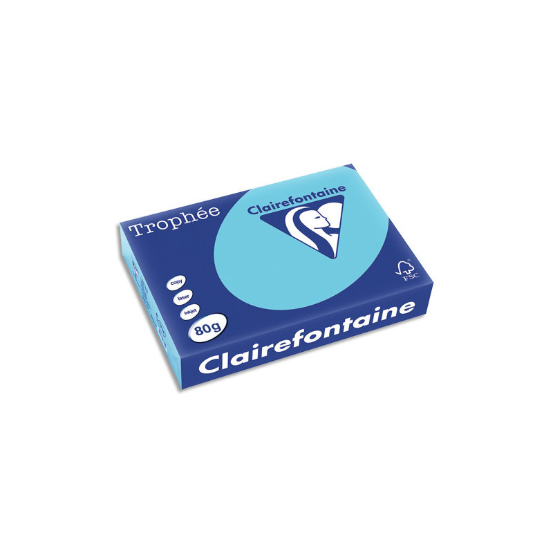 CLAIREFONTAINE Ramette de 500 feuilles papier couleur TROPHEE 80 grammes format A4 Bleu alizé 1774