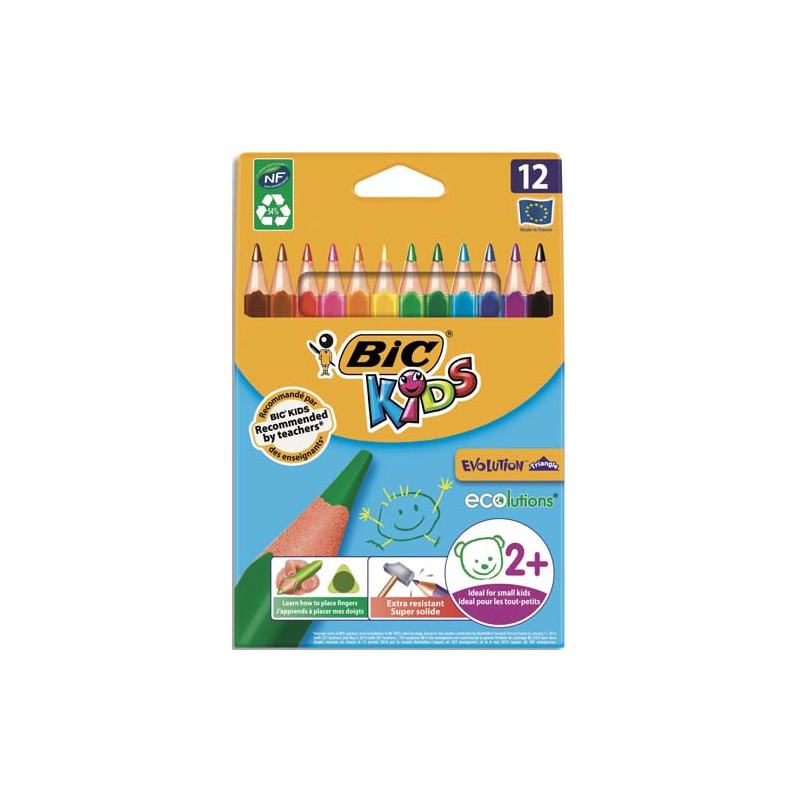 BIC Kids Evolution Triangle ECOlutions Crayons de Couleurs Triangulaires - Assortis, Etui Carton de 12