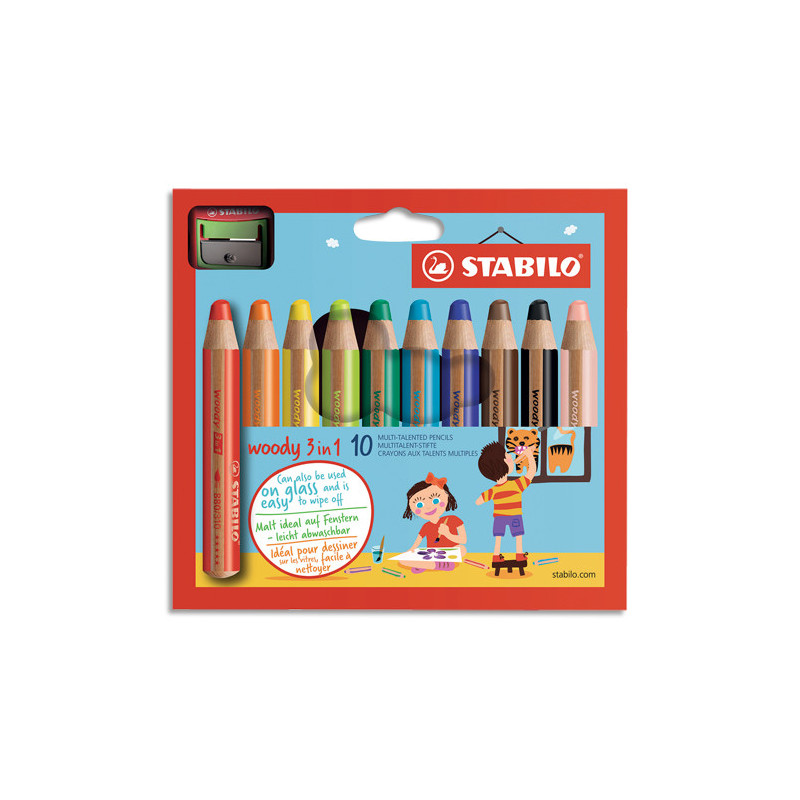 STABILO woody 3in1 crayon de couleur - Etui carton de 10 crayons + taille-crayon - Coloris assortis