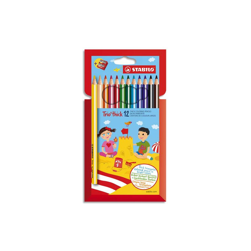 STABILO Trio crayon de couleur mine large - Etui carton de 12 crayons + taille-crayon - Coloris assortis